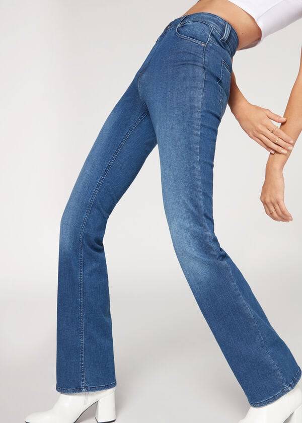 blaue calzedonia super flex denim high waist bootcut damenjeans