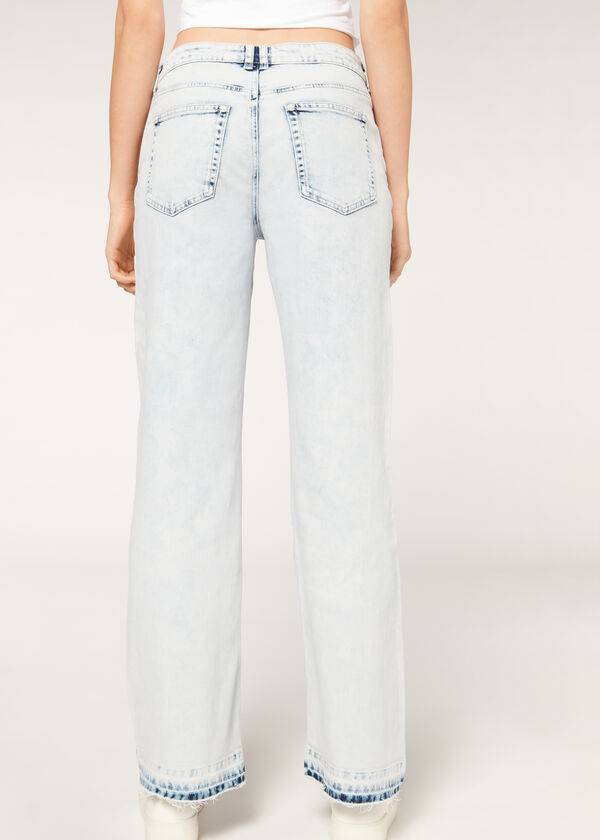 blaue damen-jeans calzedonia mit weitem bein und fransen