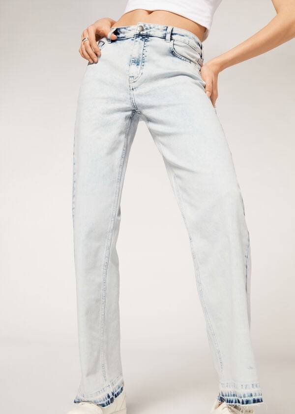 blaue damen-jeans calzedonia mit weitem bein und fransen