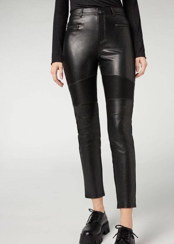 damen calzedonia beschichtete thermo-skinny-biker-leggings schwarz