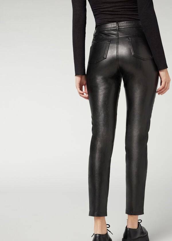 damen calzedonia beschichtete thermo-skinny-biker-leggings schwarz