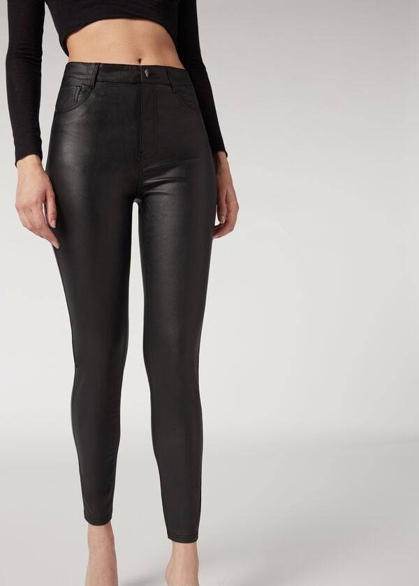 schwarze calzedonia leggings aus kunstleder für damen eng anliegend