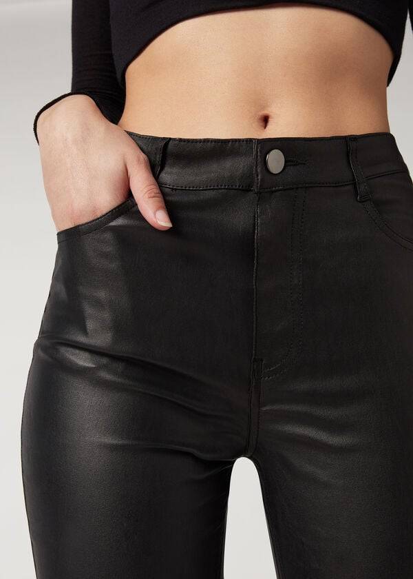 schwarze calzedonia leggings aus kunstleder für damen eng anliegend