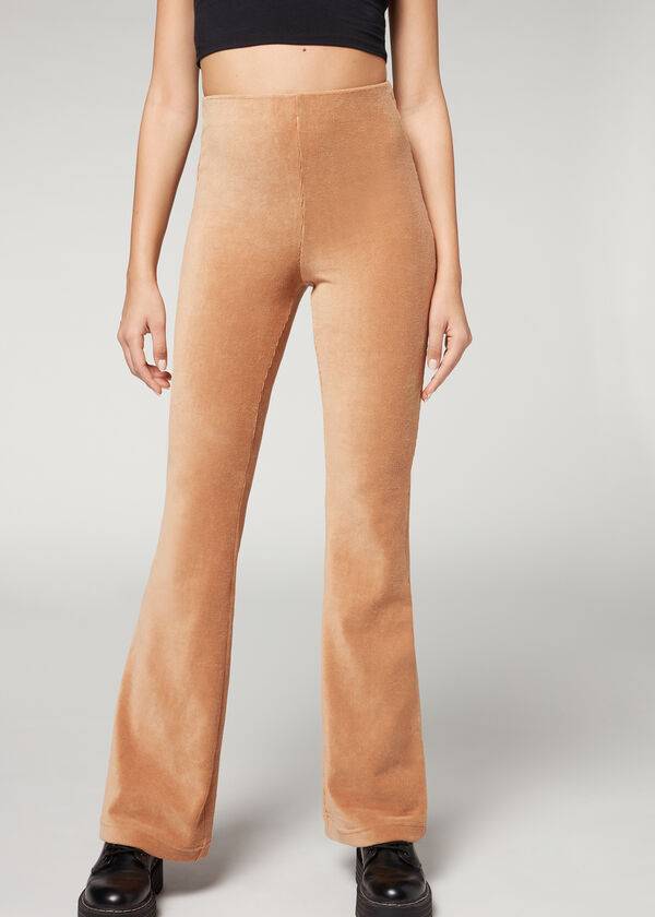 calzedonia damen-leggings aus samt gerippt ausgestellt braun