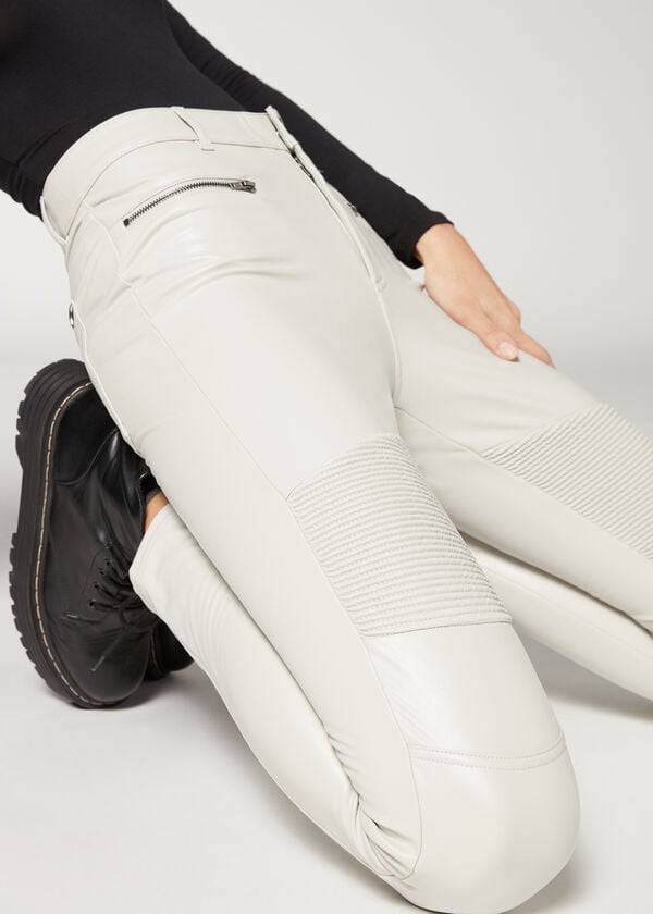 damen calzedonia beschichtete thermo-skinny-bikerhose weiß