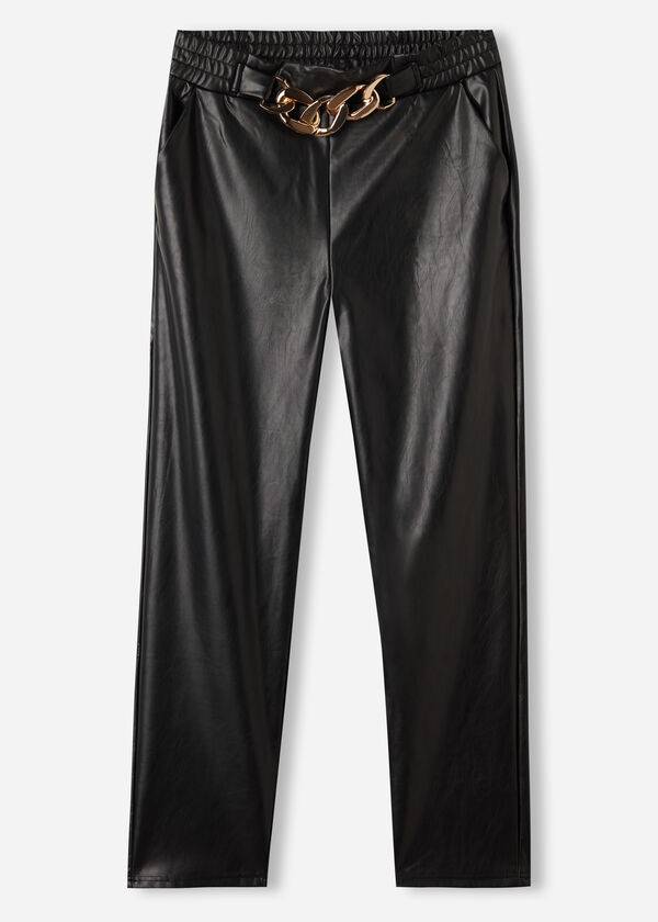 schwarze damen-hose von calzedonia mit thermobeschichtung und kettenbesatz