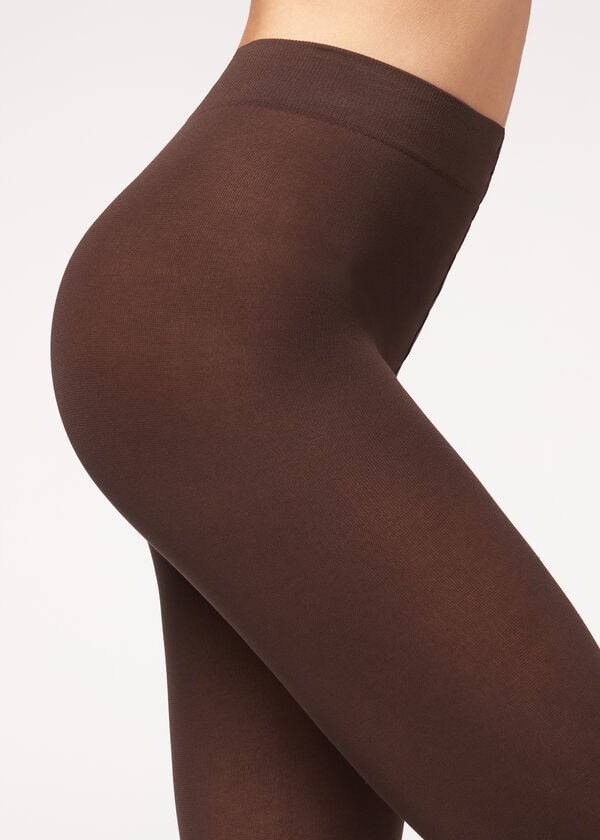 damen-strumpfhose calzedonia blickdicht 100 denier baumwolle und mikrofaser farbe kaffee