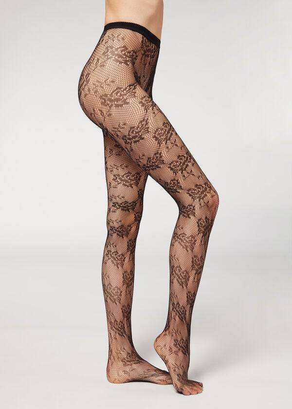 schwarze damen-strumpfhose von calzedonia mit floralem spitzenmuster und netzmuster