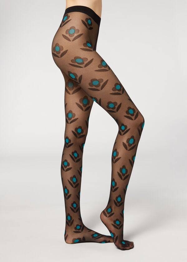 calzedonia macro daisy micronet-strumpfhose mit muster für damen schwarzblau