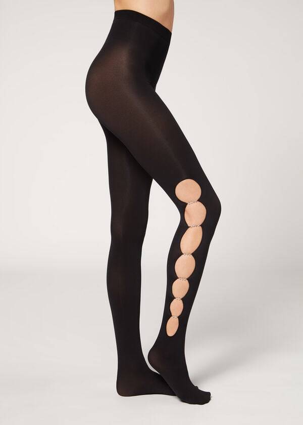 schwarze damen-strumpfhose von calzedonia mit strass-ausschnitt 100 denier blickdicht mit Öko-muster