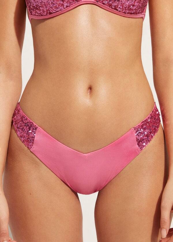 pinkfarbene paillettenbesetzte hochgeschnittene brasilianische cannes-bikinihose für damen von calzedonia