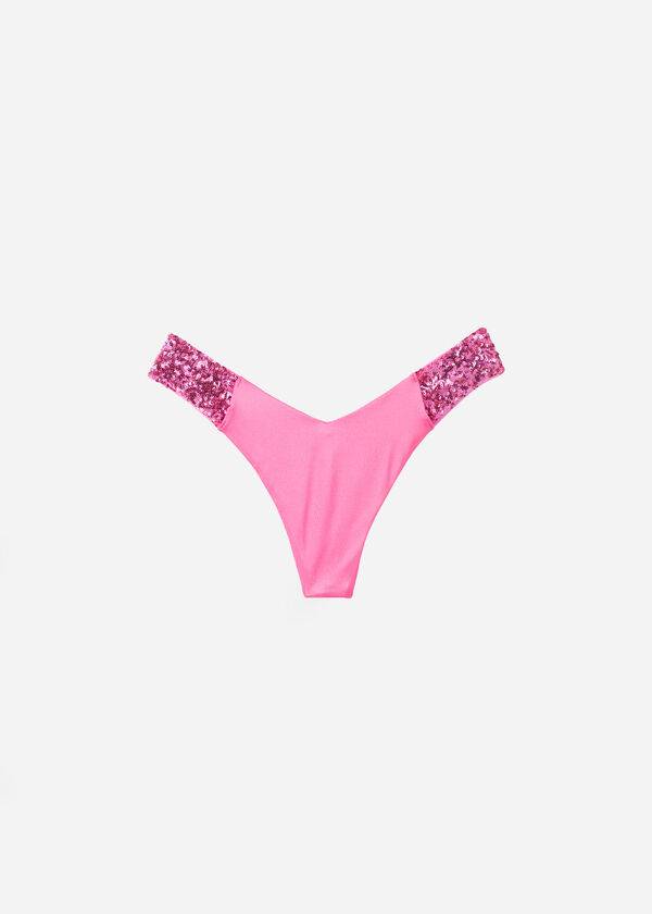 pinkfarbene paillettenbesetzte hochgeschnittene brasilianische cannes-bikinihose für damen von calzedonia