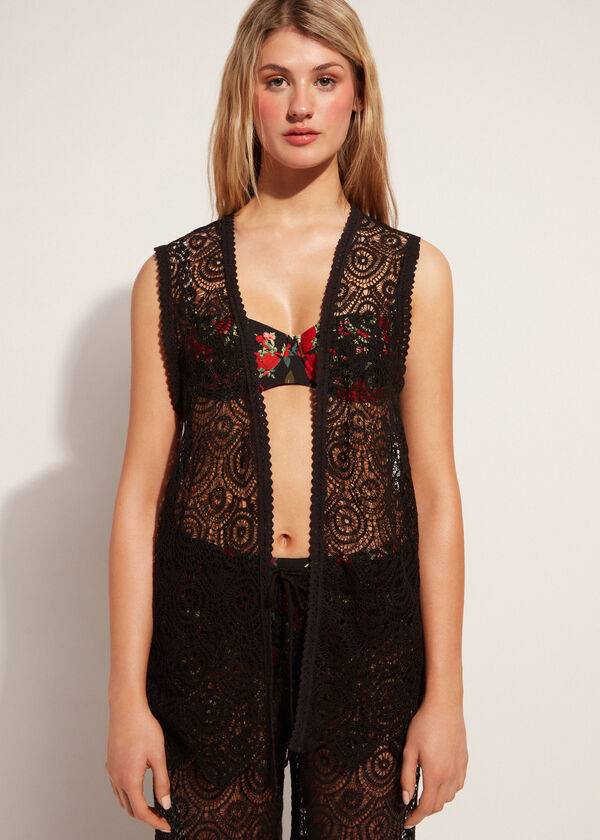 schwarze ärmellose calzedonia-häkel-cover-ups für damen